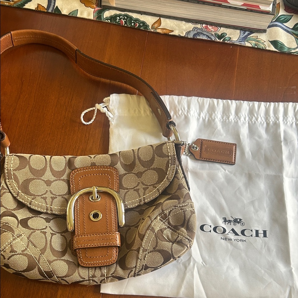 Coach Beige Signature Canvas Shoulder Bag with Tan Leather Trim